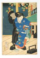 This is a print of a woman. She appears to be dancing, with one leg raised and both arms out to her side. She wears a blue robe with red and pale blue flowers. A man stands behind her wearing a black robe and veil. Behind them is a raised platform.<br />
 <br />
Inscriptions: Artist’s signature: Kunichika ga; Publisher’s seal: Hanmoto, Izutsuya; Censor’s seal: Aratame; Tōfuya jochū, Sawamura Tosshō<br />
 <br />
This is the left panel of a diptych.