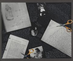 Photo collage of black and white images of women holding babies, type-written papers, a hand-written note, and scissors. The background is black with white handwriting. 