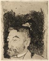 A shoulder-length portrait of a man occupies the bottom half of the image.  The upper portion of the image is untouched.  The man's head is silhouetted against a very dark background created by dense marks and hatching that prints very dark.  The man looks away from the viewer to the left; behind his head is a partially drawn crow or raven.  The man has short hair, moustache and beard.