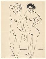 Two nude women looking at viewer, standing 1/4 turn to the left. Left-hand figure has right hand behind head, right elbow in air; she also has "paper-colored" hair. The figure on the right has hands on hips, elbows pointing out; left elbow a half-inch from right side of image. Right-hand figure has black hair. Two lines, center and on the right, suggest a ground/floor.