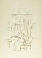 Interior scene of a woman sitting at a desk.  A window is visible in the background. The image is faintly sketched.