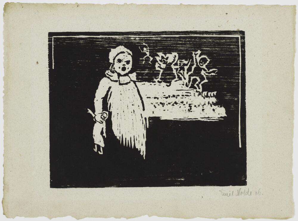 A black background and foreground with a white figure on the viewer&#39;s left, dressed in a gown and holding a doll in its right hand. In the background are the outlines of four dancing figures are visible. A white line serves as a top border, and extends slightly down the left and right side.