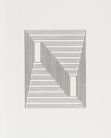 Lithograph of a rectangular design consisting of vertical and horizontal lines with a smaller rectangle in both the upper left and lower right corners. 