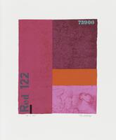 A print comprised of red and pink rectangles of various sizes. A lighter red rectangle makes up the left, a dark red one in the upper right, a bright red one in the middle-right, and a pinkish one forms the lower right portion of the work. &quot;Red 122&quot; appears in gray stenciled lettering up the left side from the bottom left corner. &quot;73900&quot; appears in turqoise stenciled lettering in the upper right corner.
