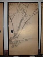 2003/1.405.1-4 comprises two sets of four panels of fusuma-e (sliding doors) still in their original frames, with the metal door pulls set into each of the paintings. One side, across all four panels, depicts mandarin ducks and plum trees, by Yokoyama Seiki (1793&ndash;1865); and on the reverse is a river landscape by Seiki&#39;s pupil, Okajima Seik&ocirc; (1828&ndash;1877).