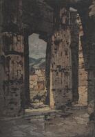 Print depicting the city of Paestum in Rome from the inside of a temple. The etching is in color, and the image was probably colored after the printing process was complete. The perspective is from the ground level, as if the viewer was standing inside the structure and looking towards the outside.