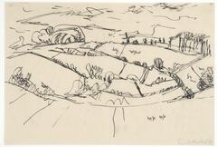Ink line drawing of a landscape; gently rolling hills, divided into plots, fill the bottom two-thirds. Brush and/or trees form borders between plots. On the horizon trees, a windmill, and possible buildlings appear. The sky is dotted with clouds.
