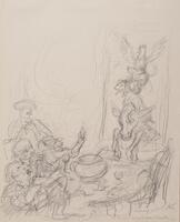 To the right, four animals - a donkey, goat, cat, and rooster - appear stacked upon one another in a barely sketched-in window. On the left side, four figures sit at what appears to be a meal in a dinning room, with a soup tureen and various dishes. The image is hastily sketched and few details are absolutely readable, other than basic shapes.