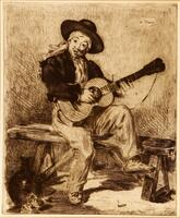A man sits on a wooden bench, which is angled slightly towards the back left of the composition. He looks off to the side while singing and accompanying himself on an acoustic guitar, with his left foot raised to support the instrument. He wears a costume consisting of a black hat with a white scarf tied around his head underneath, a black jacket over a white shirt, light-colored trousers and simple lace-up shoes. In the lower left corner of the image there is a still-life of a dark-colored jug and several onions, while a smoking cigar lays discarded on the floor underneath the singer's raised foot. The image utilizes strong contrasts of light and shadow.<br />
Manet signed his name ("éd. Manet") in the image's uppper right corner inside a light oval achieved through stopping-out. The printer ("Delâtre, Paris") is named in etched script in the lower right corner of the image. 