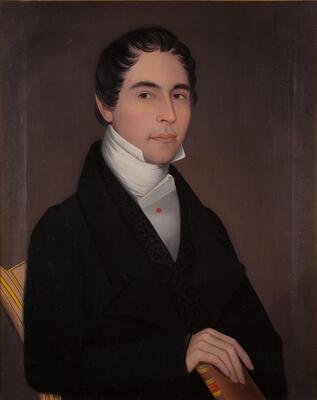 Portrait of a young man seated in a chair wearing a dark jacket, white shirt with high collar and neck tie with red stick pin; holding a book in his right hand.  Plain grayish-brown background; gold frame.