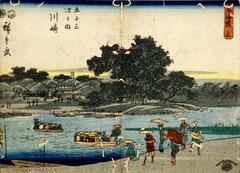 A group of figures with parasols and hats wait on shore for two approaching boats filled with passengers. Trees and a village are seen on the opposite shore. Writing in the upper left corner. Title in red box in upper right corner.