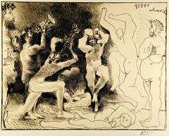 A lithograph image of a group of nude men playing instruments and dancing. The right third of the image is composed of three men, one of whom is lying on the ground and one mid-dance with arms extended, done in line drawing without much detail.  The rest of the image shows three men dancing with musical instuments, one man sitting and a fifth man standing to the left side of the image.  These figures have more detail, shading and modeling. Various drink vessels are depicted in the scene as well and the figures to in the left portion of painting wear wreaths on their heads.