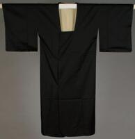 Black dochugi raincoat with michiyuki style neckline and buttons down the front.