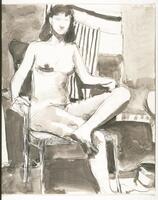 In this drawing, a nude woman with shoulder length dark hair sits, facing the viewer, with crossed legs in a dark armchair.