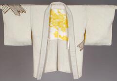 White silk with yokobiki kanoko dyed pattern with contrasting beige/brown tatebiki kanoko dyed pattern.