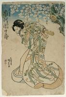 The woman in this print is hunched over, showing her back to the viewer and holding a sandal behind her.  She wears a white outer robe with colourful leaves and stands under a flowering tree.<br />
 <br />
Inscriptions: Artist’s signature: Kunisada ga; Publisher’s seal: sa; Censor’s seal: kiwame; Tsubone Iwafuji, Ichikawa Danjūrō