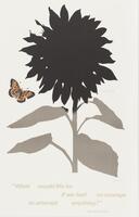 A graphic of a sunflower's outline, black at its top and gray at its stem and leaves, appears against a white background. An orange butterlfy is positioned to the left. A Van Gogh quote appears at the bottom in gold, disjointed text.