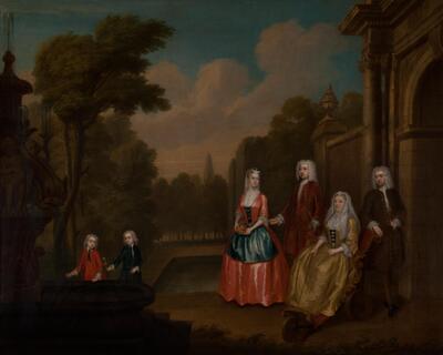 Six figures appear in a formal garden landscape. On the right a pair of men in powdered wigs stand behind two women, one seated in a wheelchair, before an elaborate portico. A pair of boys, also sporting wigs, stand on the left, partly screened by a fountain. One of the boys holds a shell and the other carries a parrot. A small pool extends through the middle ground behind the figures and draws attention to the setting and the distant obelisk visible above the trees.