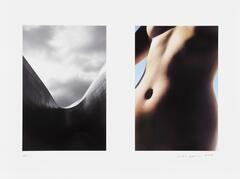Two images side-by-side. The left is a black-and-white photograph of a curved, man-made structure against a cloudy sky. The right is a color photograph of a woman's abdomen.