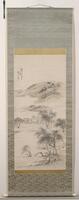 This hanging scroll depicts what the title suggests, a spring landscape with willow trees and houses by a shore. The shore snakes up the center of the painting with the land being on the right and the water on the left. The willow trees line the coast and in the center of the painting are four or five roofed buildings, assumed to be houses. As we move up the coast the land becomes to form a hill and rises dramatically in altitude with fewer obviously visible willow trees and no buildings. The coast gets fuzzier as it gets further away suggesting the presence of trees. There are mountains in the distance. On the upper left is a three-line inscription in black followed by two red seals.&nbsp;