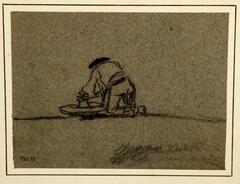 A sketch of a man kneeling over an unknown object. The drawing is simple; there is a horizon line about two-thirds up from the bottom of the paper with a figure of a man kneeling, his back towards the viewer, over an unidentified object. The man is wearing simple clothes and a hat, perhaps the clothes of a peasant or farmer, in which case the object could in fact be a piece of farming equipment.