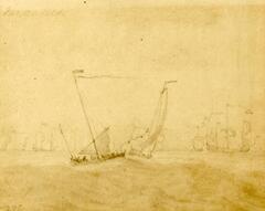 This graphite and wash piece has two sailboats in the foreground with multiple sailboats in the background. They are situated at the drawing’s horizon and float on a large body of water. A signature is on the upper left corner. <br />