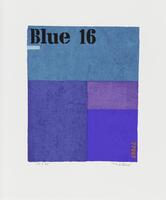 A print comprised of blue and purple rectangles of various sizes. A large lighter one in the portion of the print, and two darker blue and one purple rectangle making up the lower portion. &quot;Blue 16&quot; appears in the upper-left in black stenciled lettering. &quot;77007&quot; appears in the lower right in orange stenciled lettering.