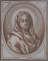 This small print depicts a bust-length portrait of a woman within an oval frame. She turns slightly to her left and gazes downward. A bright halo encircles her head.