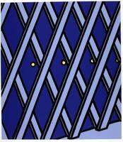 This screenprint has a lattice pattern that slightly recedes off to the right. Behind the lattice, at the center are four small circles, outlined in black and colored in yellow. The lattice is outlined in thick black lines and colored a light blue, as is the base visible in the lower right. The background is colored in dark blue. 