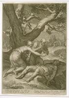 This engraving is a vertical format. Dominating the foreground are three figures on a slight hill with a large tree. In front of the tree is the corpse of Abel (a strong young man with flowing cloth around his waist) with his head in the shadows. Kneeling over him are Adam and Eve. Adam, a muscular older man with a white beard, clutches his hands together and leans toward his dead son. Eve, covered only from the waist down, throws her arms out in the air above her son and moves towards him on her knees. The tree behind them has a sturdy trunk that splits into three heavy branches and these limbs echo the placement of Eve's back and right arm. On the right is a road leading to a background scene.In the far background Cain and Abel are shown making offerings to God on altars, with Abel’s offering rising higher than Cain’s. In the middle ground along the road, Cain is shown raising a weapon to kill Abel. At the bottom of the work are four lines of text and a signature.<br />