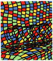 This colorful print has a series of vertically-oriented wavy lines that are broken up into small sections with thick black lines. The small segments are then colored in red, blue, yellow and green. In addition to the wavy lines, there are outlines of a flat surface on which wine glasses are placed. The colored patterns are visible through the glasses and running over the flat surface. The print is signed and editioned in pencil (l.r.) "Patrick Caulfield AP".