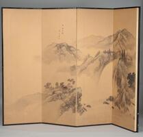A 6-fold screen with painted ink designs of a scene depicting trees, mountains, and clouds.