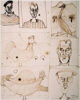 This drawing is a series of sketches, organized loosely in three registers: seven boxes in three uneven rows. In the top row there are two are sketches of men from the shoulders up wearing loose-necked, casual sweaters or shirts. The man in the first box wears a black beret. The third box is a sketch of a landscape with a bird perched on a railing. In the second and third rows there are two boxes. In each row, on the left there is a sketch of a rooster in front of a landscape, and on the right there is a sketch of a man from the shoulders up. The man in the bottom row (row three) wears a flat-topped hat. 
