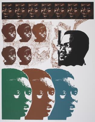 This print is composed of sets of faces in three registers.  Along the top, in a black stripe, is a repeated, closely cropped image of a woman's face looking to the left.  In the middle left are five repeated images in shades of brown of a woman's face looking right, toward the face of a man in black.  Along the bottom are three large images of a woman's face in green, brown and blue.