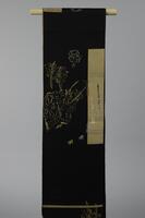 <p>(obi is displayed upside down in the image)</p>

<p>Black fukuro (single-sided) obi with Imperial Oxcart motifs interwoven gold, violet, and red signature and contour line-drawing embroidery of a carriage, samurai, archers, swallows, kannushi (Shinto priest), and depiction of a hanging scroll of Kouzan-ji temple.</p>
