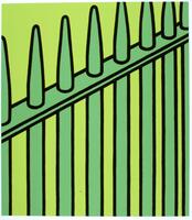 This screenprint has flat, graphic image of vertical poles, transecting a horizontal plane, resembling a fence. Outlined in thick black lines, the fence is a bright kelly green and the background is a lighter lime-green color. 
