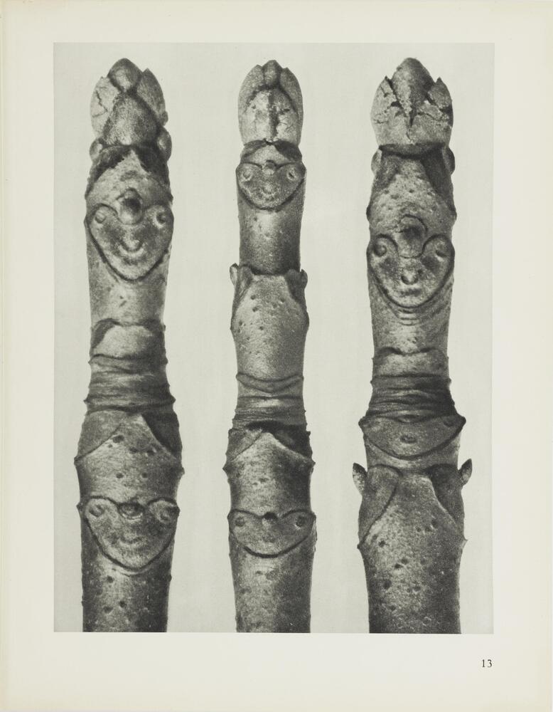 A black and white photograph of the tops of three decoratively carved poles, arranged side by side against a white background. Each is topped with a bud-like formation.
