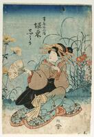 The woman in this print squats among the tall grasses and flowers. She wears a brown robe that fades into blue with pictures of moths at the bottom. Her hair is elaborately decorated. In her right hand she holds out an open fan.<br />
 <br />
Inscriptions: Kuni (Artist’s signature, faded) Kichi (Publisher’s seal); kiwame (Censor’s seal); Fujiya Atsuma, Bandō Shūka