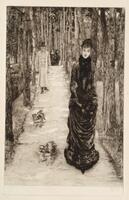 An etching of a woman in a black dress with two small dogs walking on a tree-lined path. Behind her follows a man in a top hat and two other women, one of whom wears a nun's habit.<br />
Signed in the lower right title margin, on the plate: "J.J. Tissot"