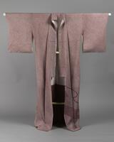 <p>Mauve chirimen kimono with shibori dyed violet seigaiha (wave crest) motifs&nbsp; on the bottom left side with a beige-red and white inner lining.</p>
