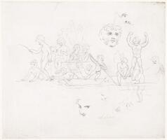 A light sketch drawing of a scene full of activity.  Towards the center of the piece is a pair of lovers in embrace.  All around them are nude figures, identified as children, playing by the water.  Some are fishing, others are in a boat, and the remainder are either swimming of reclining by the water's side.  Below these figures is a study drawing of a person's profile angled to the left, while above the scene is a more detailed study drawing of a young boy's head.