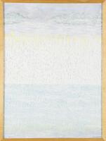 An abstract painting with a bar of mottled blue at the bottom, white in the center, and grey with green at the top.