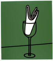 This print has a flat, graphic image of a clear wine glass with a napkin folded inside. There is a strong horizon line, two-thirds the way down the print, that recedes off to the right. The glass and napkin are both outlined in thick black lines. While the napkin is colored white, the rest of the print is a dark green, including the glass. 