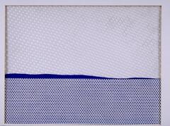 Colored lithograph using Ben Day dots in blue to depict an abstract seascape.
