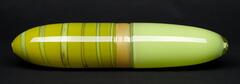 Hollow glass piece. The bottom half (whose end is flat and thus serves as a base) is a solid spring green separated by a band of translucent yellow. The top half is a darker olive green with a Kelly green stripe that winds from the yellow band at center to the hole at this end of the piece.