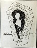 This drawing on paper shows an abstract sculptural object. The form is shaped like a large angular, upside-down 'U' with a geometric shape in the center. The drawing is signed and dated in black crayon (c.l.) "Lipton 74".