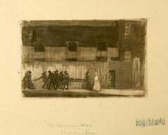 This graphite and ink drawing depicts a standing, isolated figure in the far left corner, a group of four to its right, an isolated female in a white dress to their right, and another lone figure to her right. A large building with three windows acts as a background.