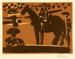 This horizontal print is taken up almost entirely by a profile view of a standing horse with a rider. Another figure stands behind the horse along the right edge of the image. The figures are black and beige. There are abstracted forms and lines in black and beige along the top edge and left side of the image. The background is brown.  