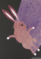 Red rabbit and purple swath, both covered with red dots, on a black background.