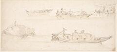 This sheet of sketches of barges and boats suggests that they were drawn from life and meant to capture the rich variety of life along a river. Two of the sketches along the bottom of the sheet show large piles of hay or similar materials; two smaller boats in the upper portion of the paper have smaller cargo. Three of these four sketches show the boats with an oarsman in the rear and are seen passing by from the bank or from another boat. At the upper right corner is a sketch of two boats, possibly tied up to a dock as both are seen end-on from the bows.